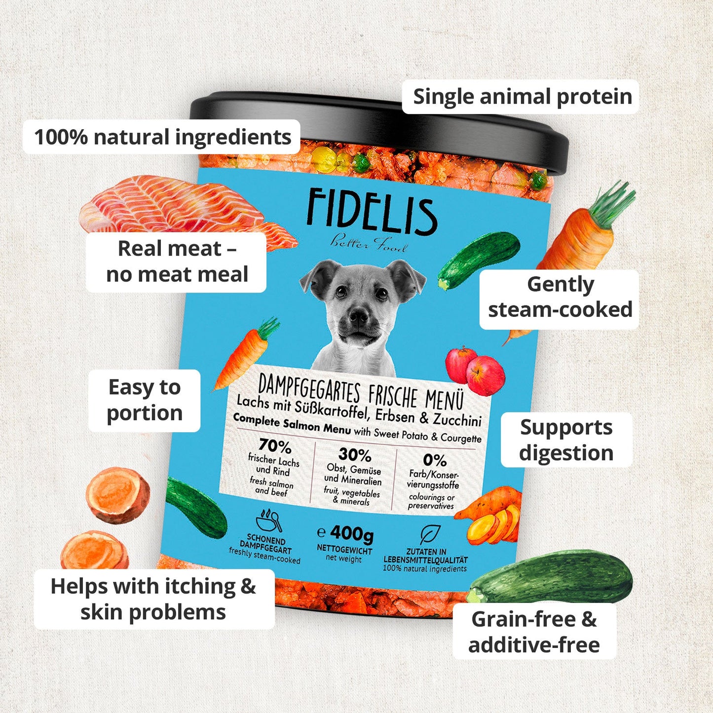 Fidelis Salmon with Sweet Potato, Peas and Courgette Dog Food - 400g