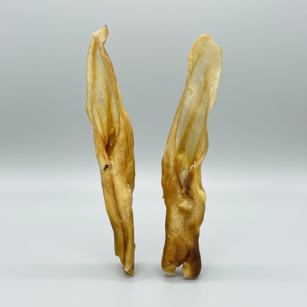 Two dried goat ears on a grey surface.