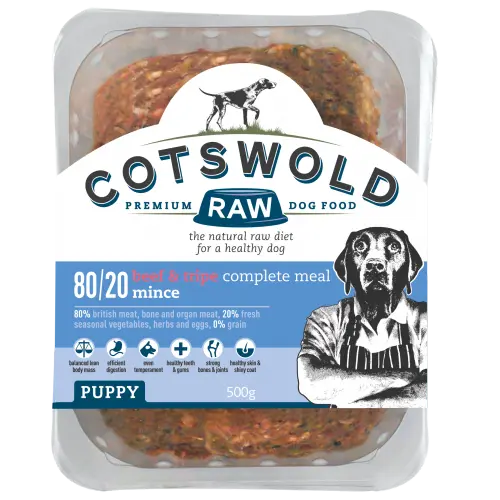80/20 Puppy Working Puppy Beef and Tripe 500g Mince Cotswold Raw
