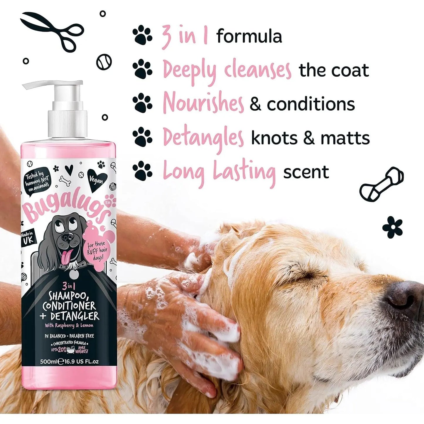 Bugalugs 3 In 1 Shampoo, Conditioner & Detangler With Rasberry & Lemon BestPets