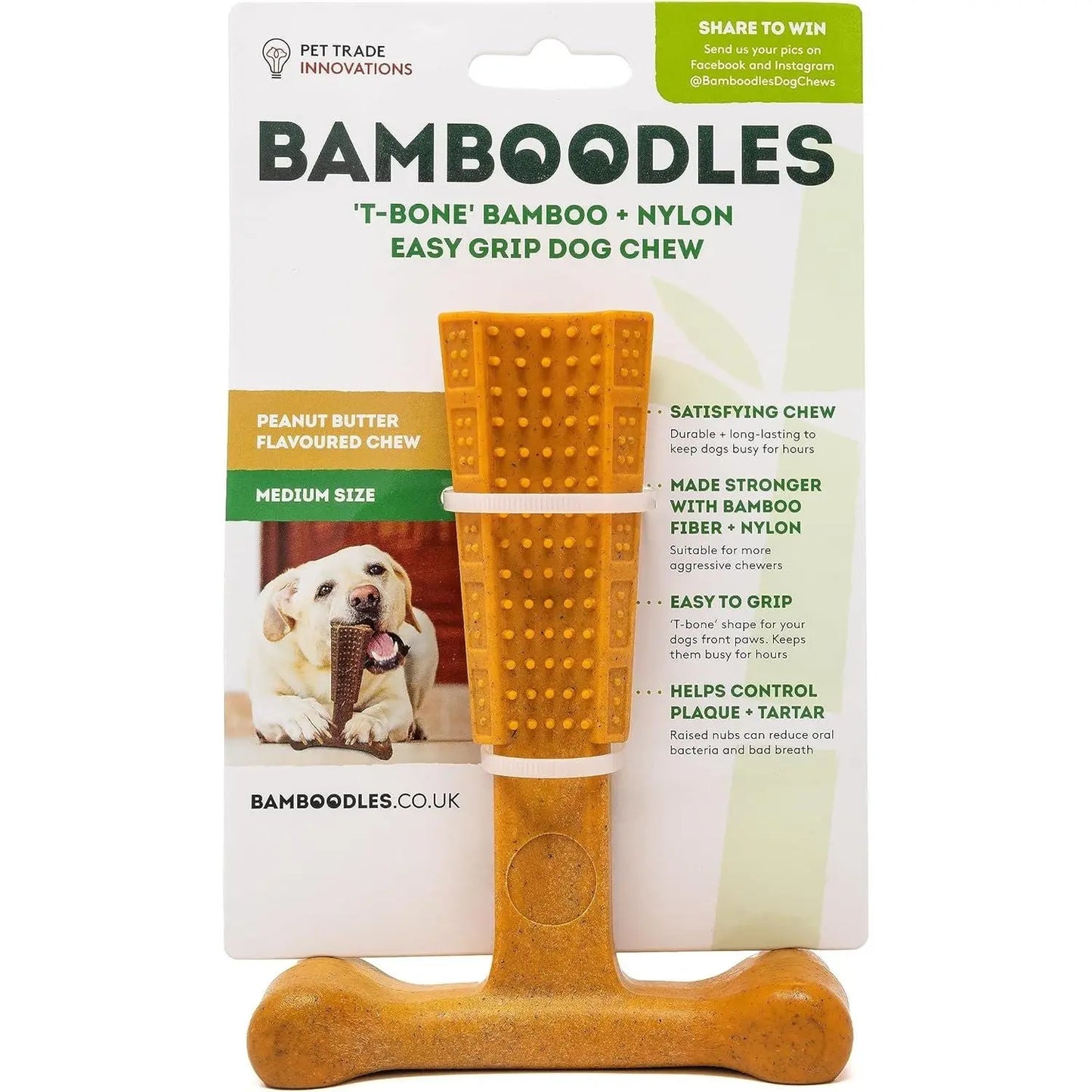Bamboodles T Bone Chew Toy for Dogs- Medium - Peanut Butter Flavour Bamboodles
