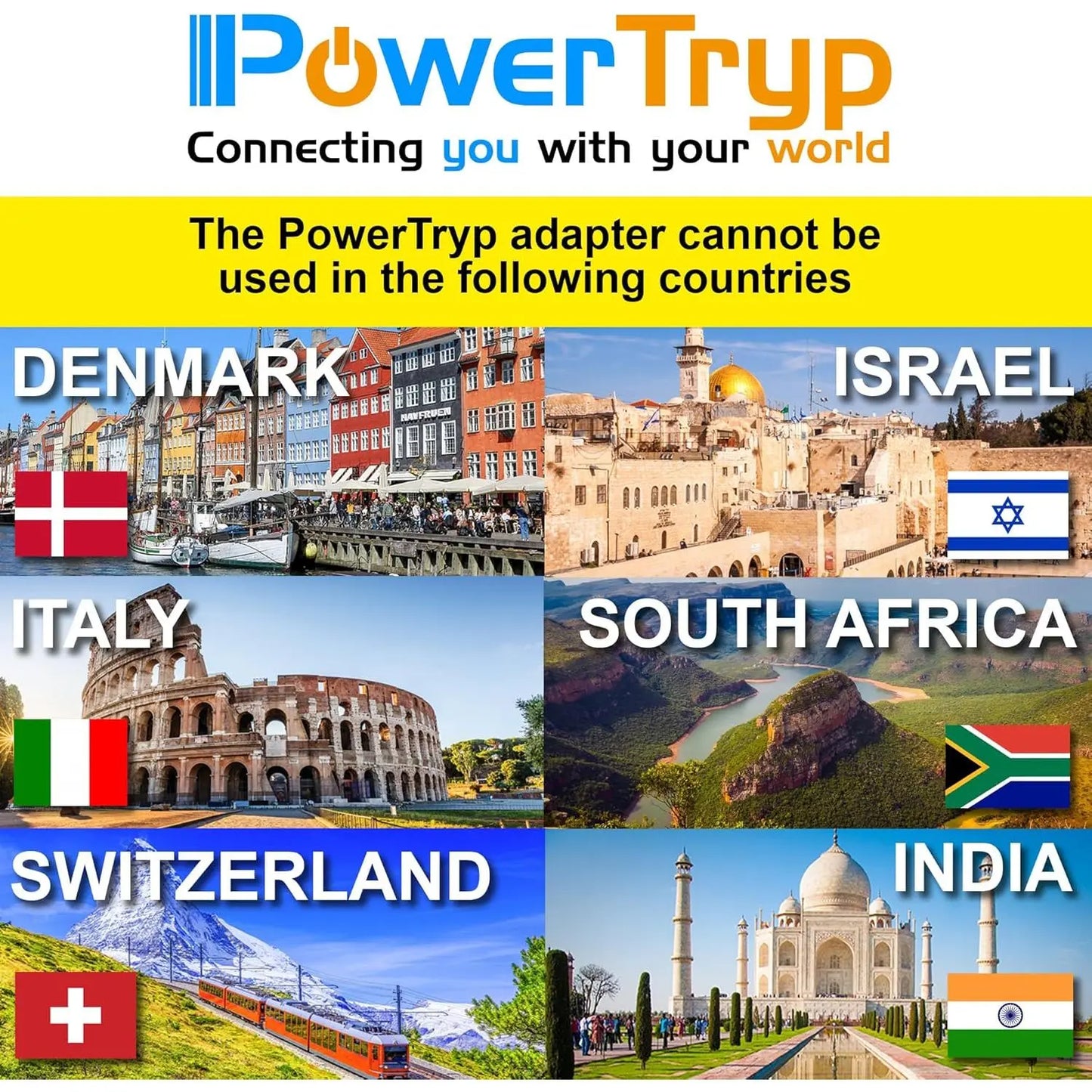PowerTryp International All In One Travel Plug Adaptor with USB C & USB A Charging Ports PowerTryp