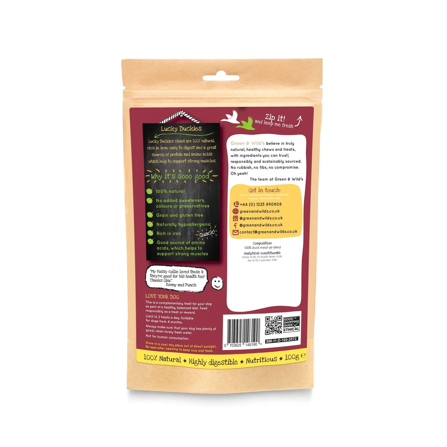 Green And Wilds Lucky Duckies 100g Dog Treats Green & Wild's