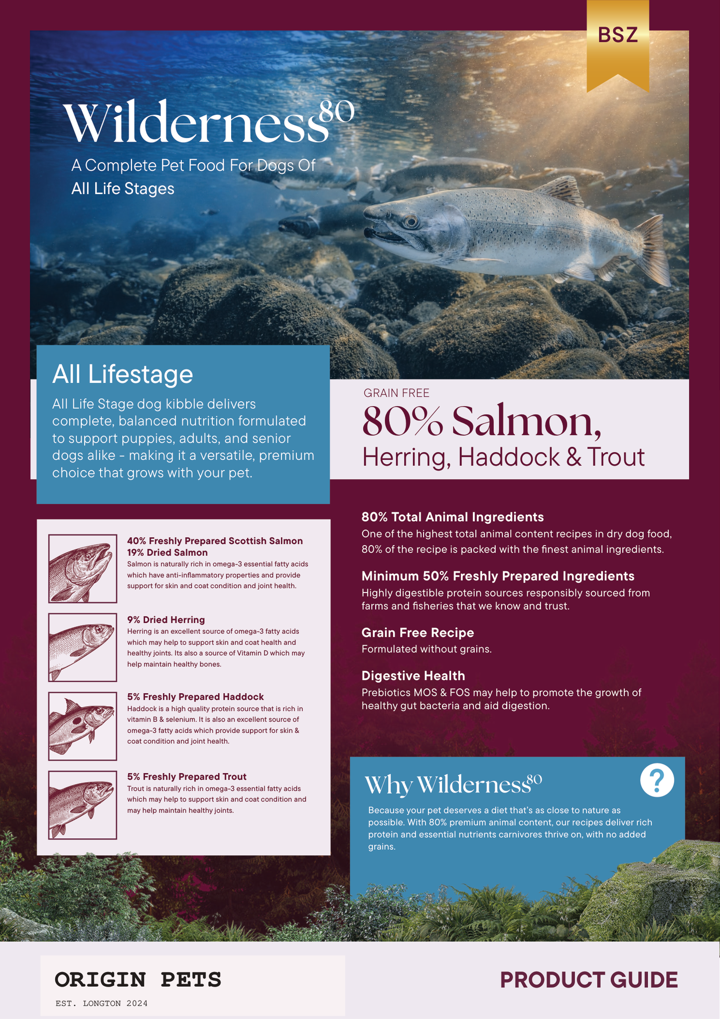 Origin Pets Wilderness 80 Grain Free Dog Food - Salmon, Herring, Haddock & Trout