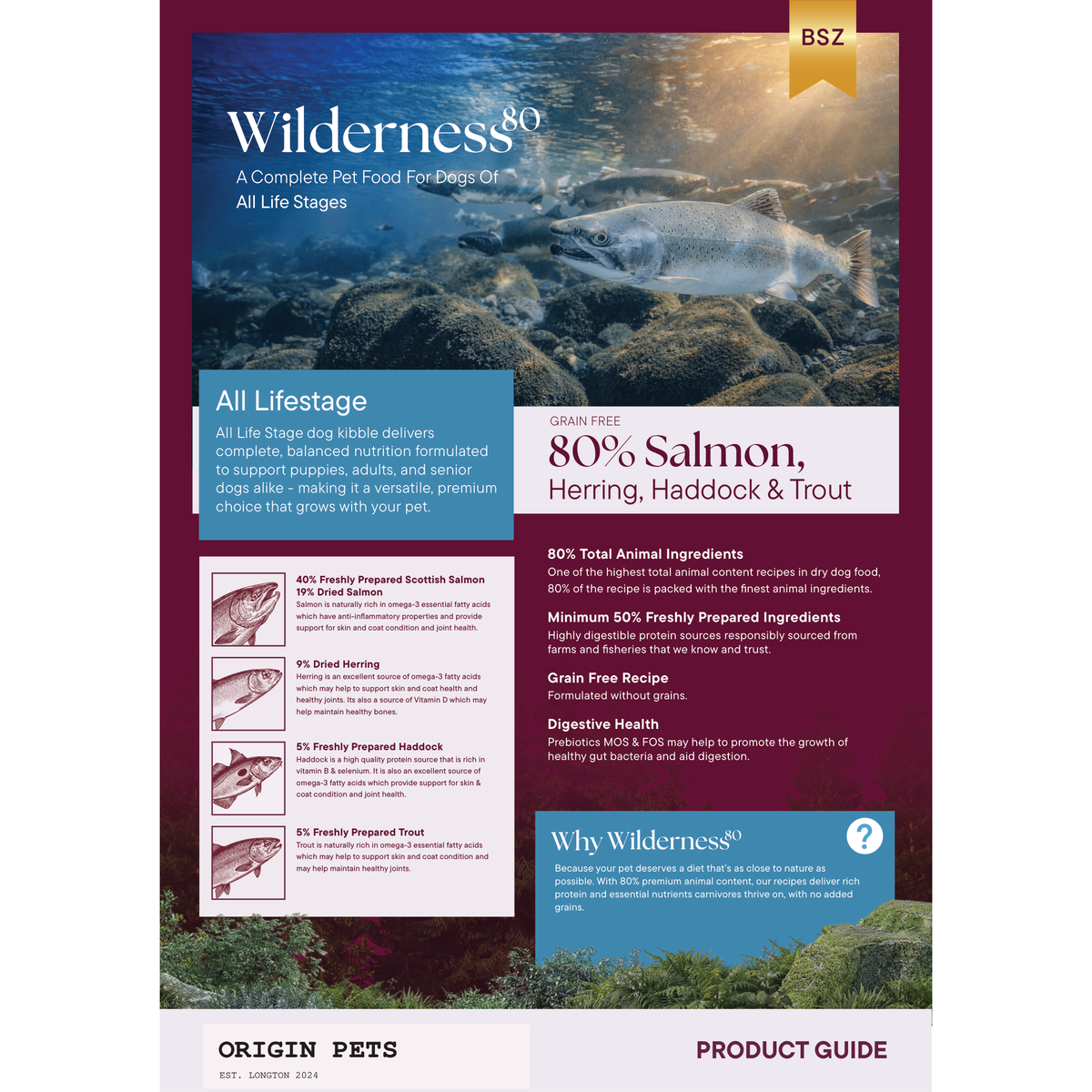 Origin Pets Wilderness 80 Grain Free Dog Food - Salmon, Herring, Haddock & Trout