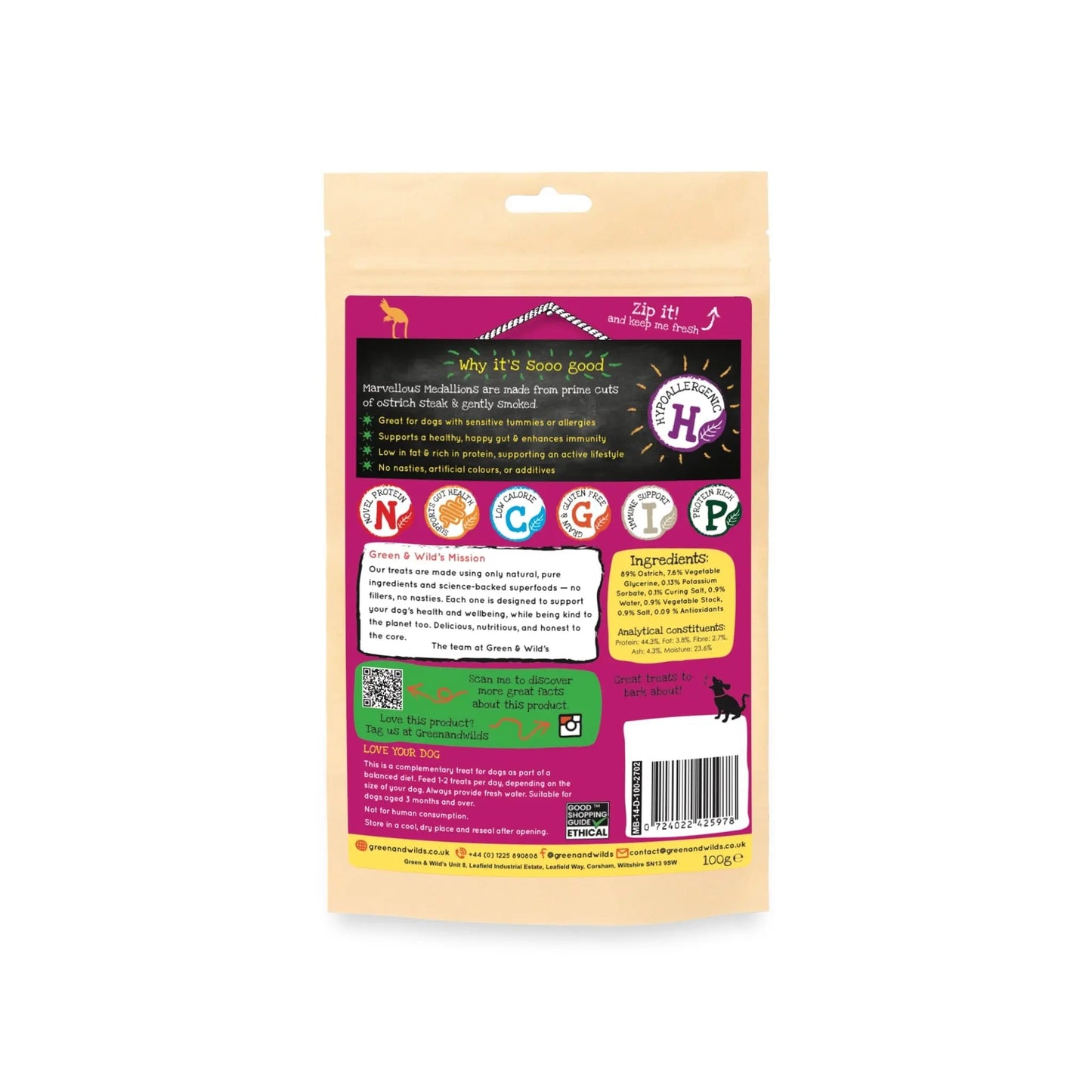 Green & Wild's Ozzy Ostrich’s Marvellous Medalions Dog Treats - 100g Green & Wild's