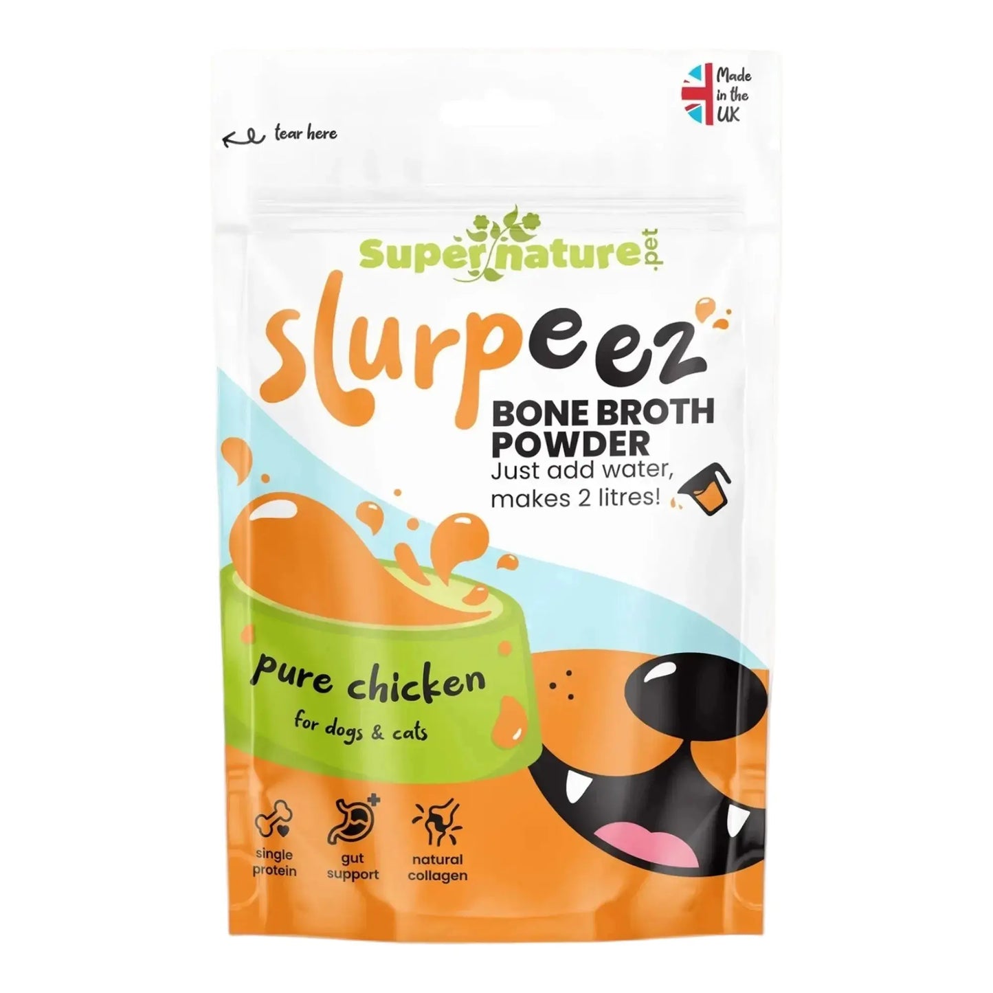 Packaging of Super Nature Slurpeez Bone Broth Powder in Pure Chicken flavor, designed for dogs and cats. The package is orange and white with an illustration of a smiling dog character and text detailing product use and benefits.