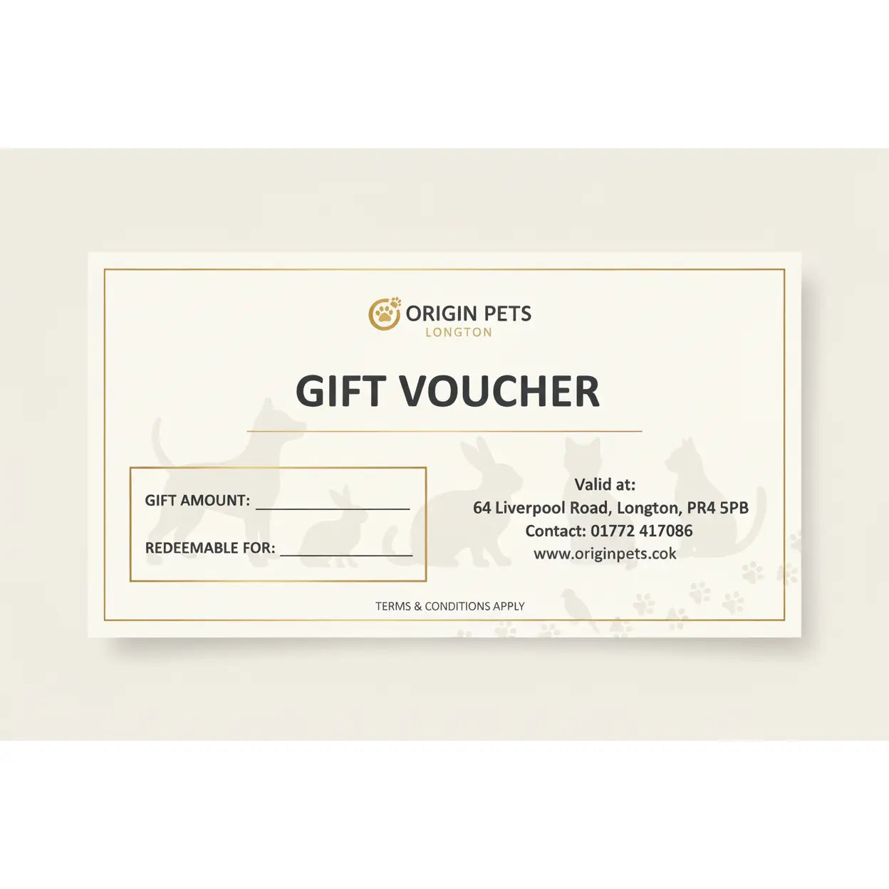 Chage Origin Pets address to the following: 64 Liverpool Road, Longton, PR45PB