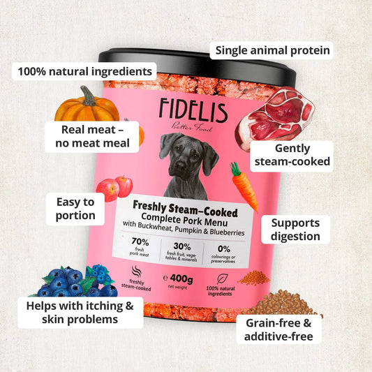 Fidelis Fresh Pork With Sweet Potato, Buckwheat, Pumpkin & Blueberries Dog Food - 400g Sanadog