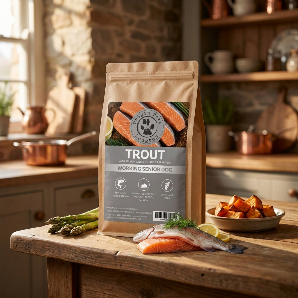 Origin Pets Grain Free Trout dog food pack in a farmhouse kitchen setting with fresh trout