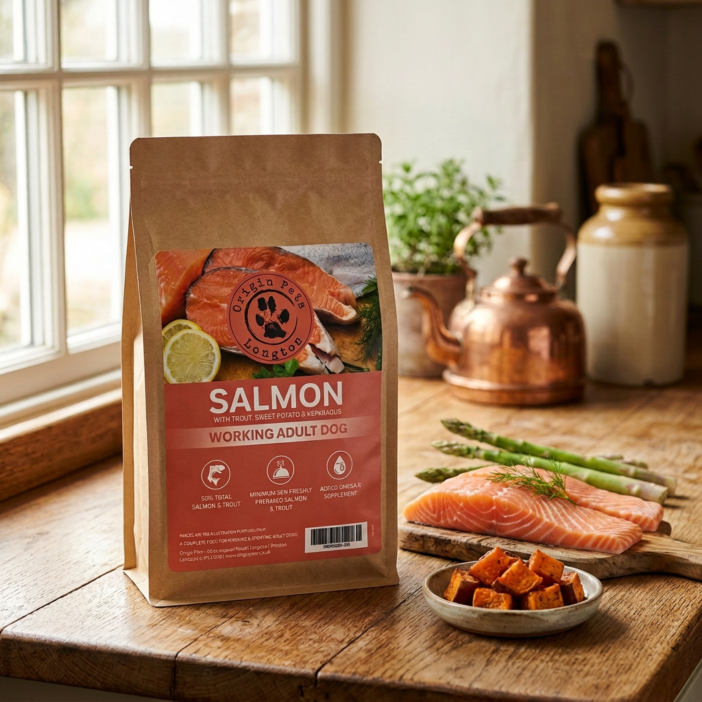 Origin Pets Grain Free Salmon dog food pack in a farmhouse kitchen setting with fresh salmon