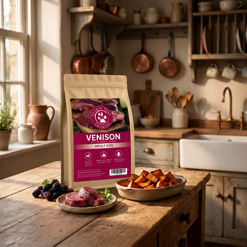 Origin Pets Grain Free Venison dog food pack in a farmhouse kitchen setting with fresh venison