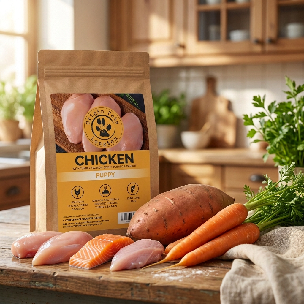 Origin Pets Chicken with Turkey, Salmon, Sweet Potato & Carrot Puppy food pack with raw chicken, salmon, turkey, sweet potato and carrot on a rustic wooden countertop
