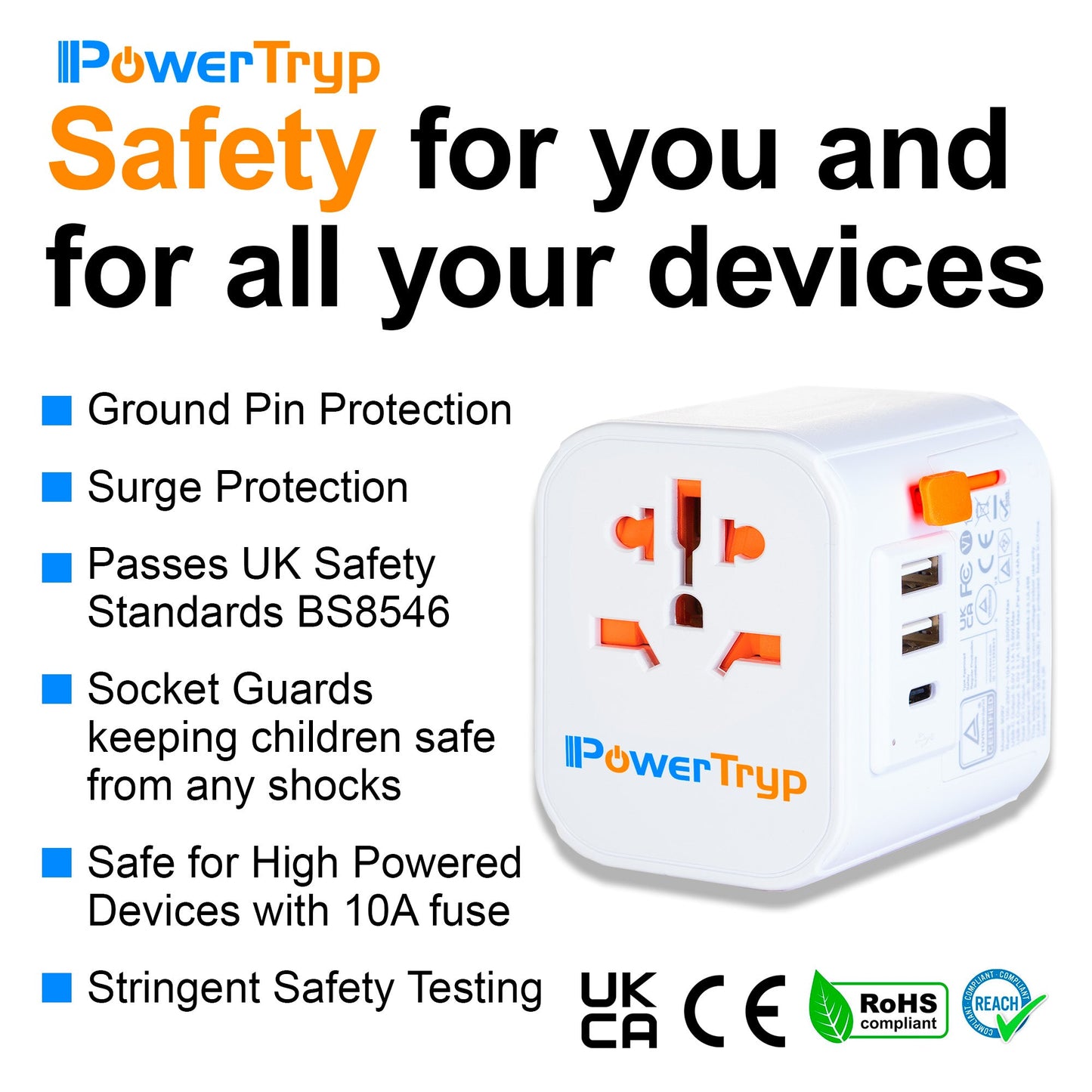 PowerTryp International All In One Travel Plug Adaptor with USB C & USB A Charging Ports