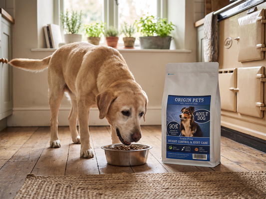 Senior dog enjoying a bowl of Origin Pets grain-free weight control and joint care dog food at home
