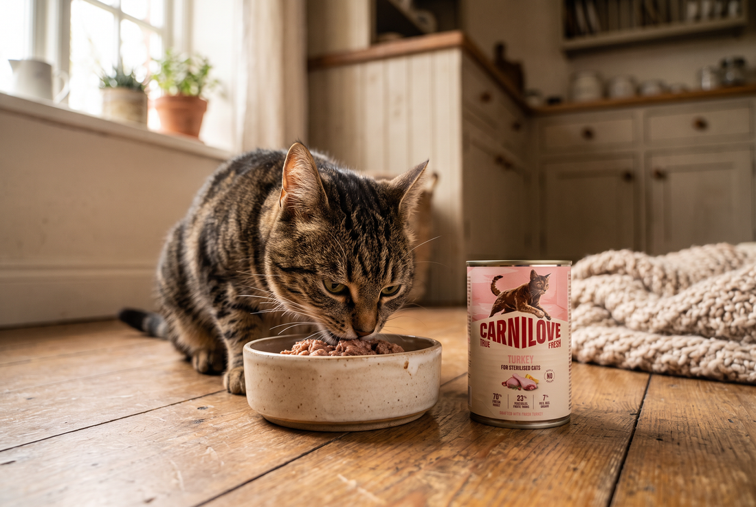 Cat eating natural wet cat food next to the tin at home