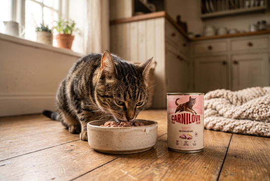 Cat eating natural wet cat food next to the tin at home