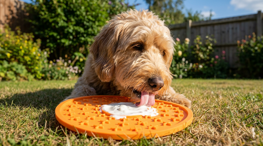 Dog cooling off with a bowl of fresh water and a LickiMat slow feeder in a warm British garden