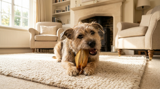 Dog chewing a natural buffalo ear dental chew at home in Preston