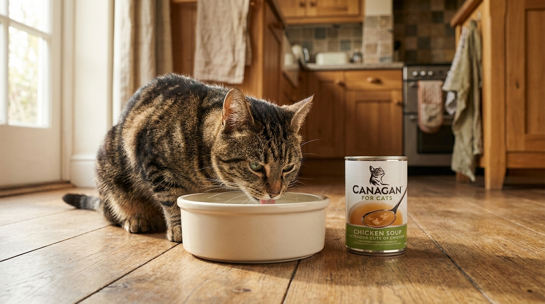 Cat drinking water from a bowl at home with a real Canagan Chicken Cat Soup pouch visible beside it