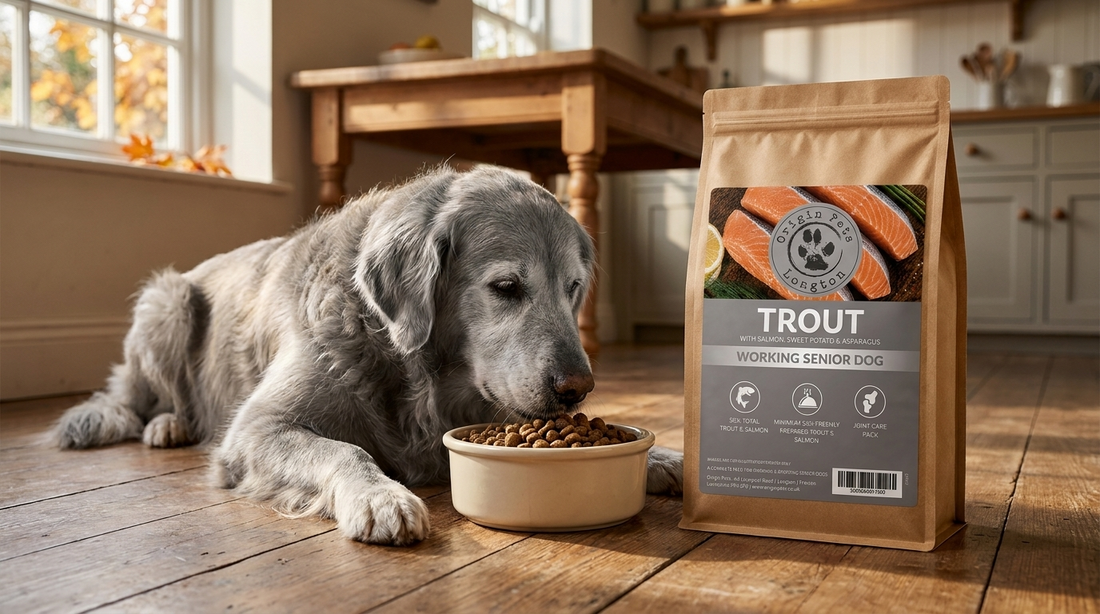 Senior golden retriever eating from a bowl in a kitchen with a real Origin Pets Grain Free Trout Senior Dog food bag beside it