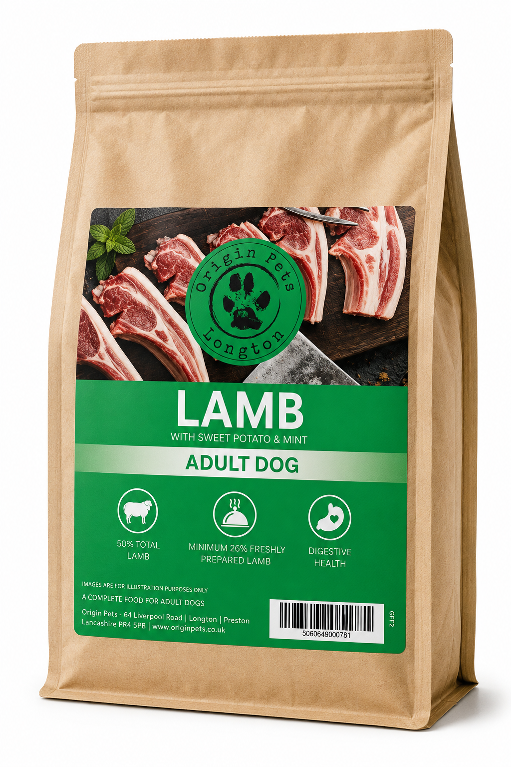 Origin Pets Grain Free Lamb with Sweet Potato & Mint dog food pack