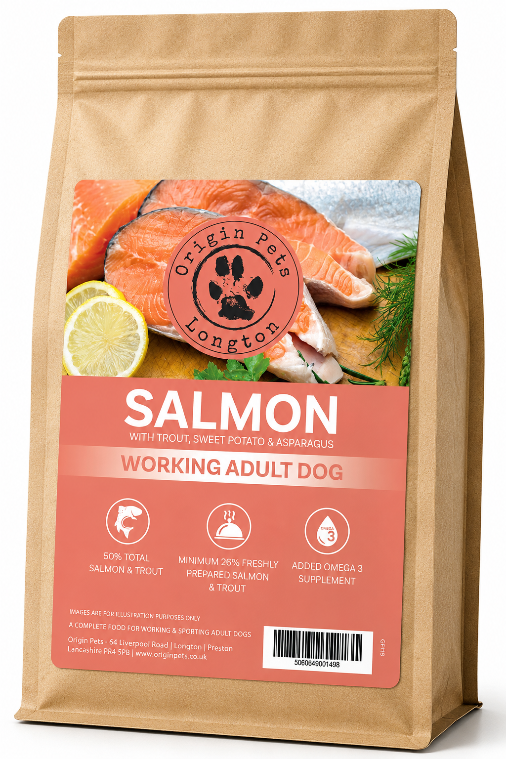 Origin Pets Grain Free Salmon with Trout, Sweet Potato & Asparagus dog food pack