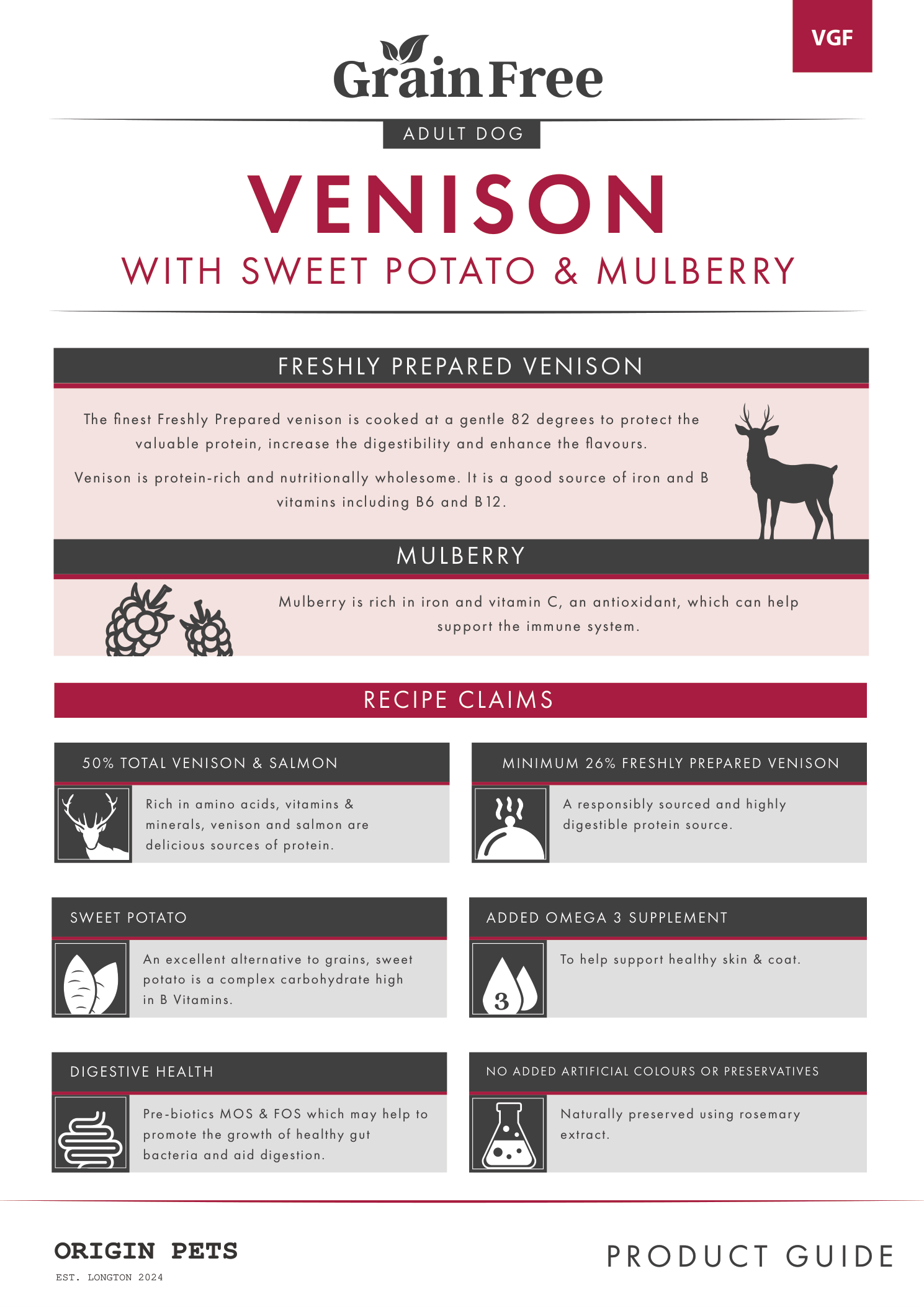Origin Pets Grain Free Venison with Sweet Potato & Mulberry dog food pack