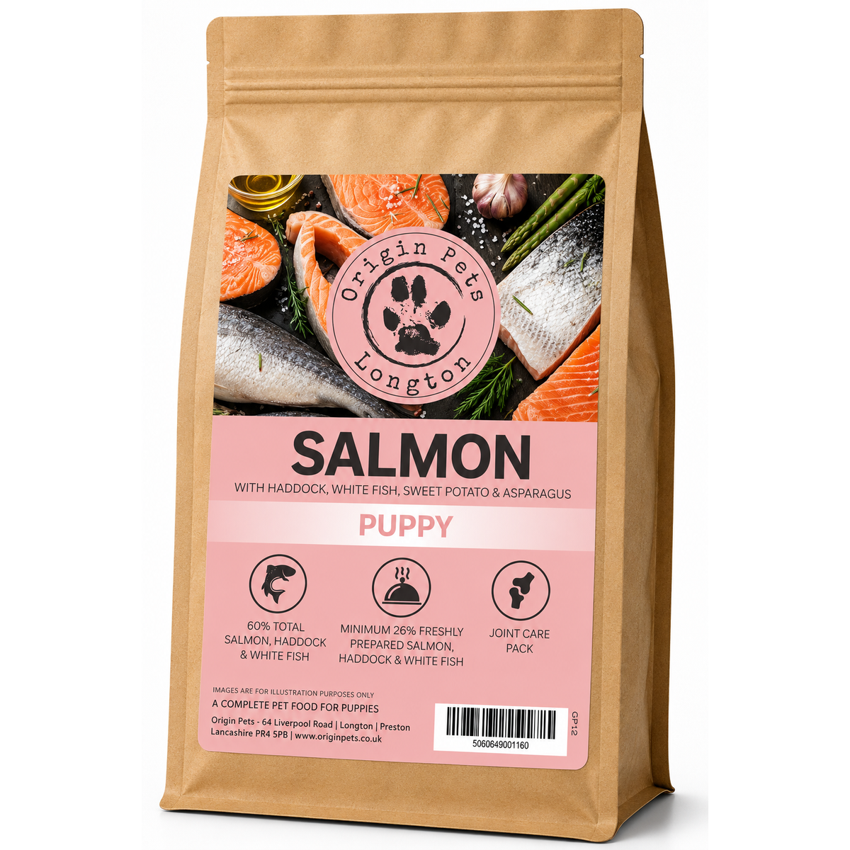Origin Pets Salmon with Haddock, White Fish, Sweet Potato & Asparagus Puppy dog food pack