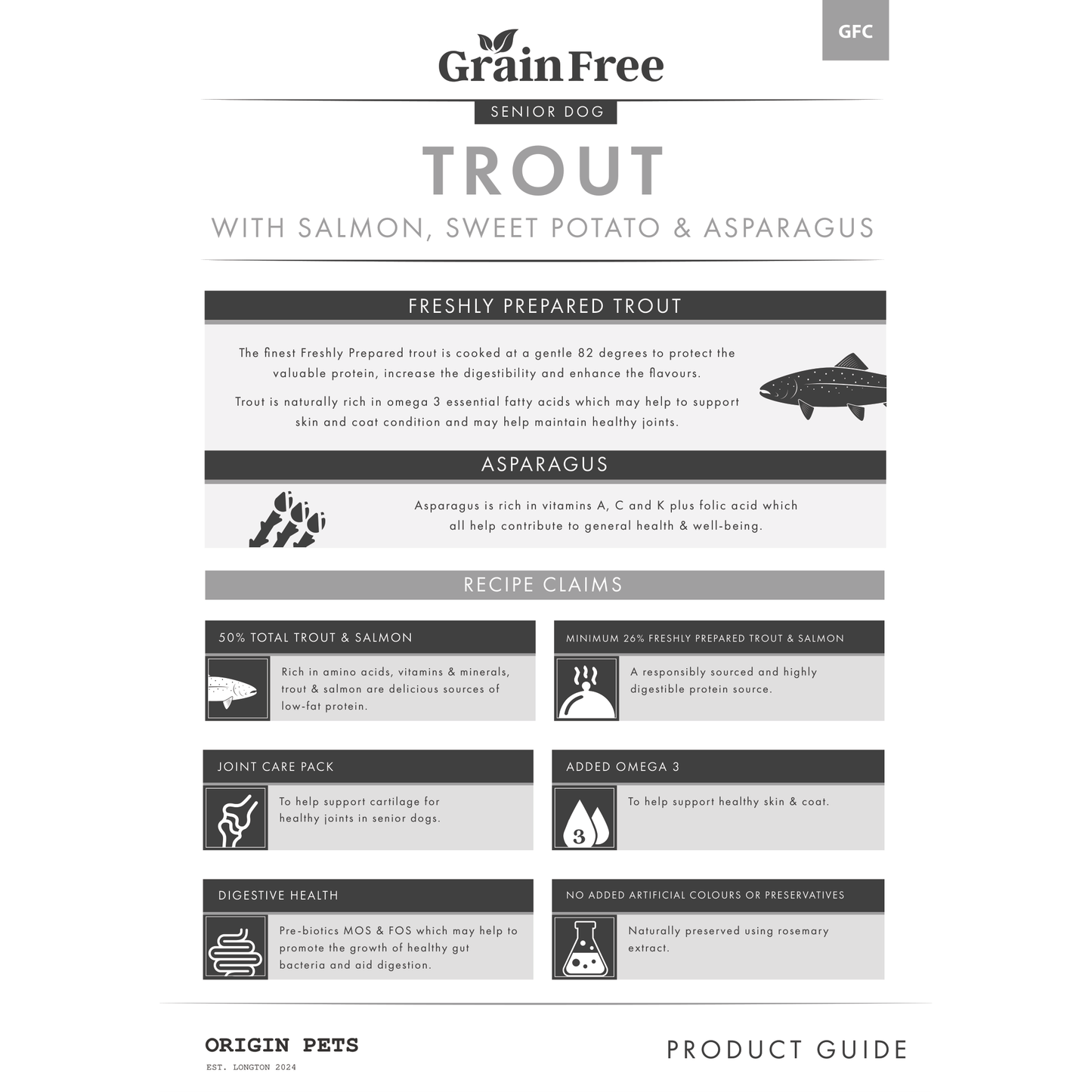 Origin Pets Grain Free Trout with Salmon, Sweet Potato & Asparagus - Working Senior Dog