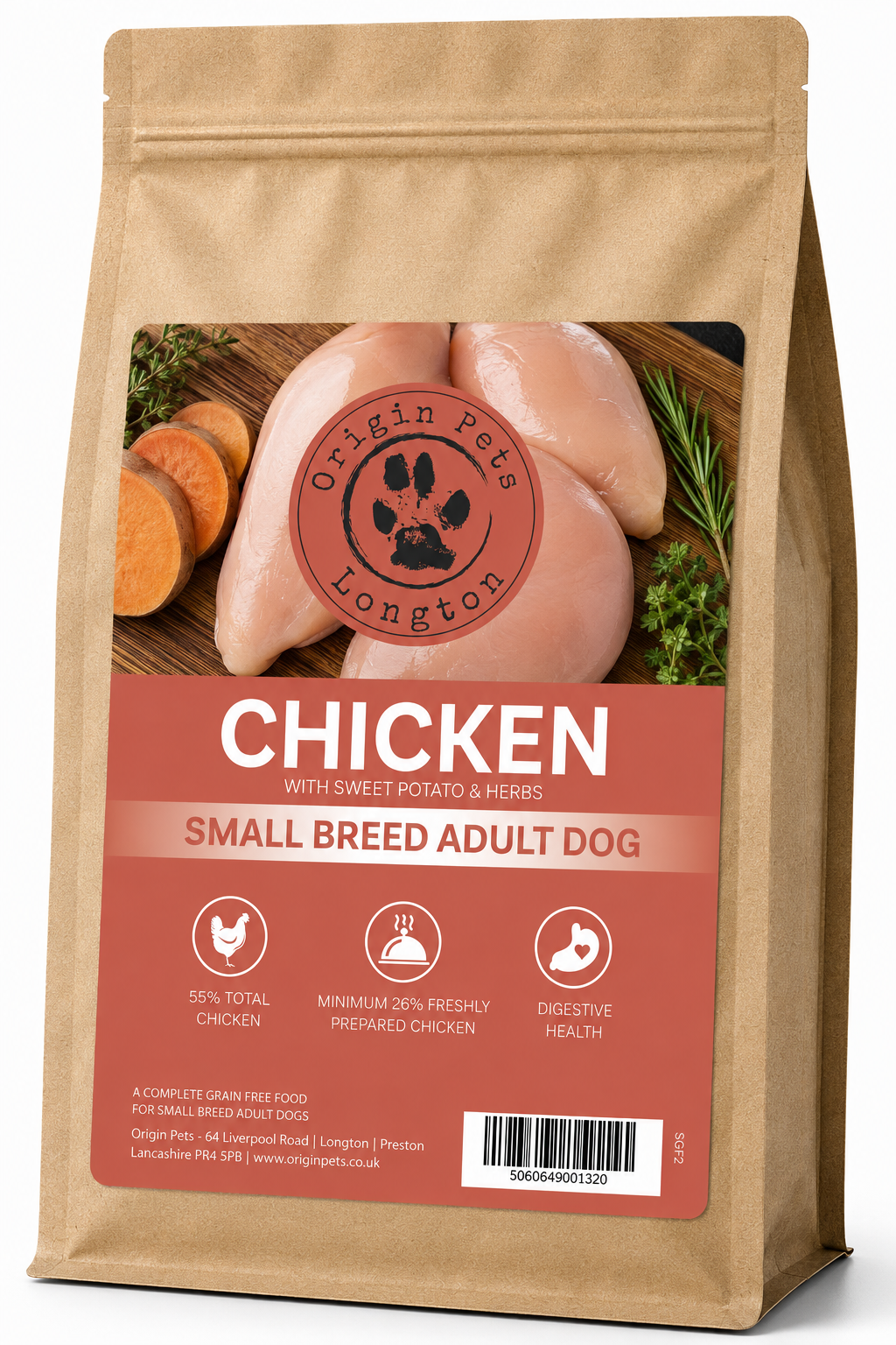Origin Pets Grain Free Chicken with Sweet Potato & Herbs Small Breed dog food pack