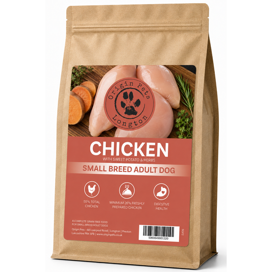 Origin Pets Grain Free Chicken with Sweet Potato & Herbs Small Breed dog food pack