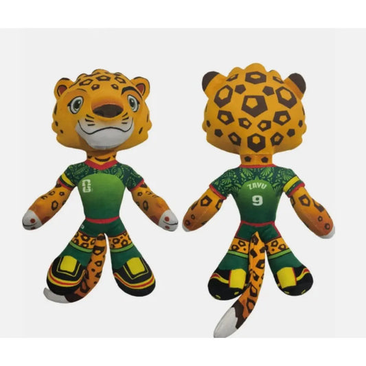 Two plush toys resembling leopards with green and orange outfits on a white background