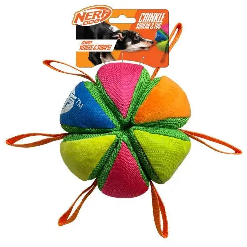 Nerf Dog Plush Squeak And Crunch Wedge Ball With Straps 5.9 Inches Nerf