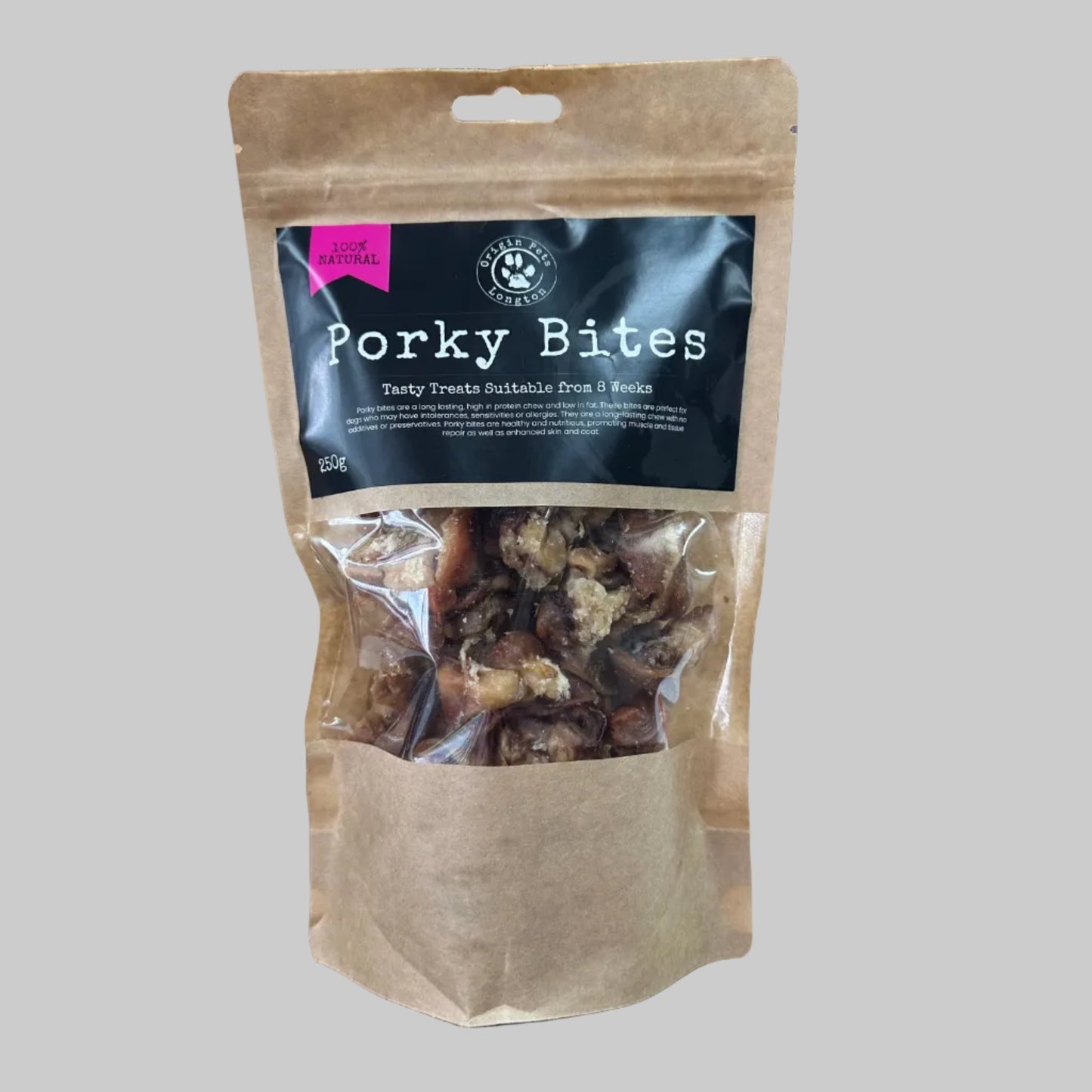 Package of Porky Bites on a wooden surface with a blurred background