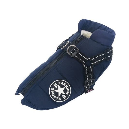 Wintro - Quilted Waterproof Dog Coat with Harness Built In - Navy - 2XL