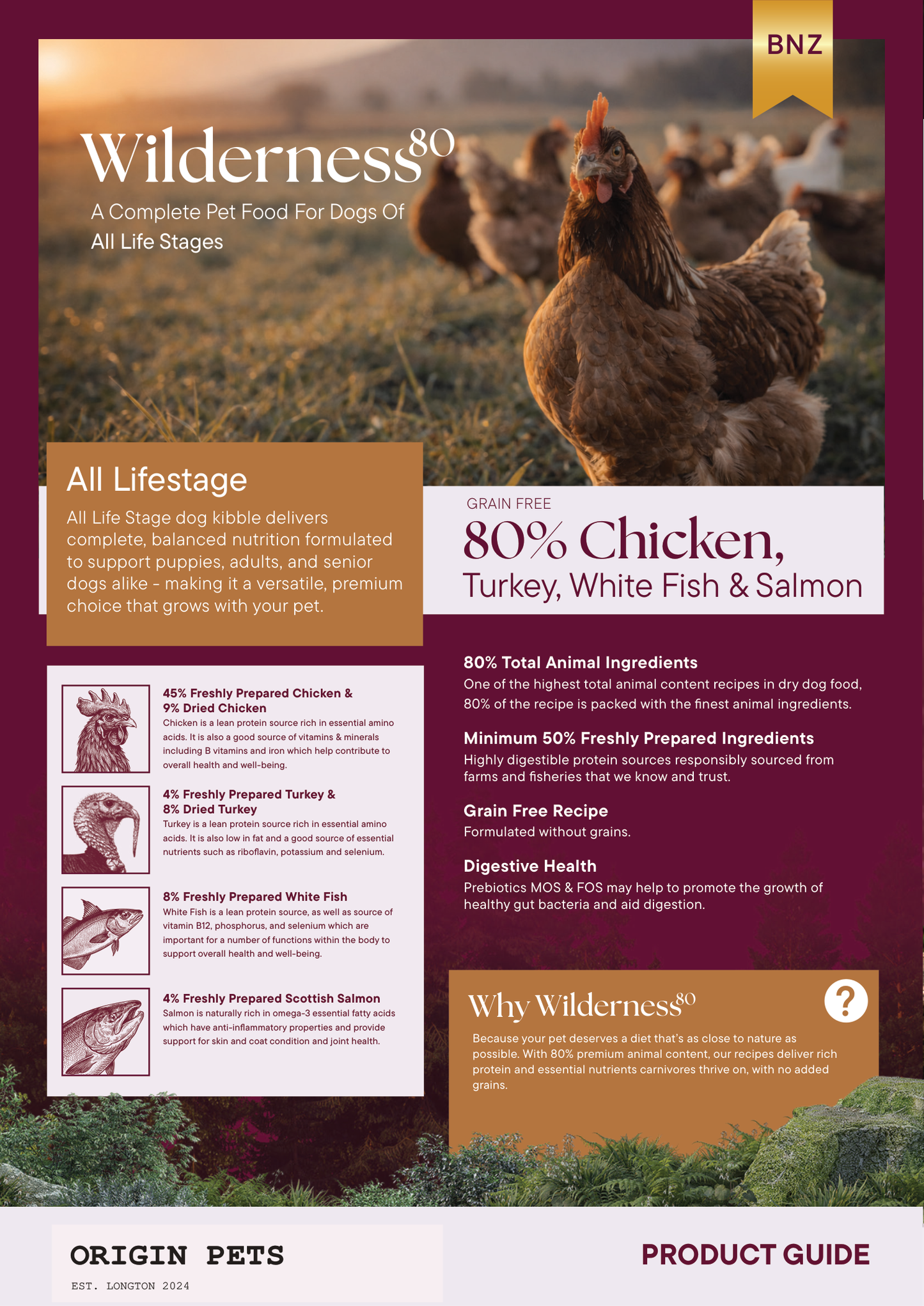 Origin Pets Wilderness 80 Grain Free Dog Food - Chicken, Turkey, White Fish & Salmon