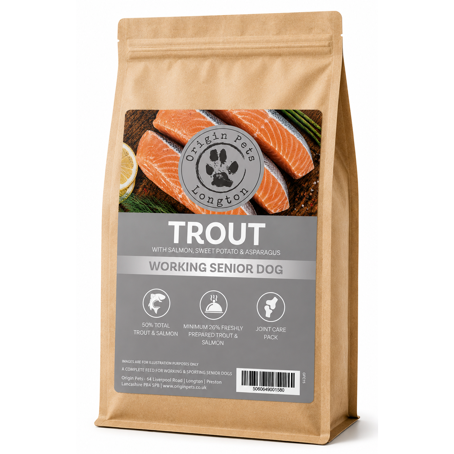 Origin Pets Grain Free Trout with Salmon, Sweet Potato & Asparagus dog food pack