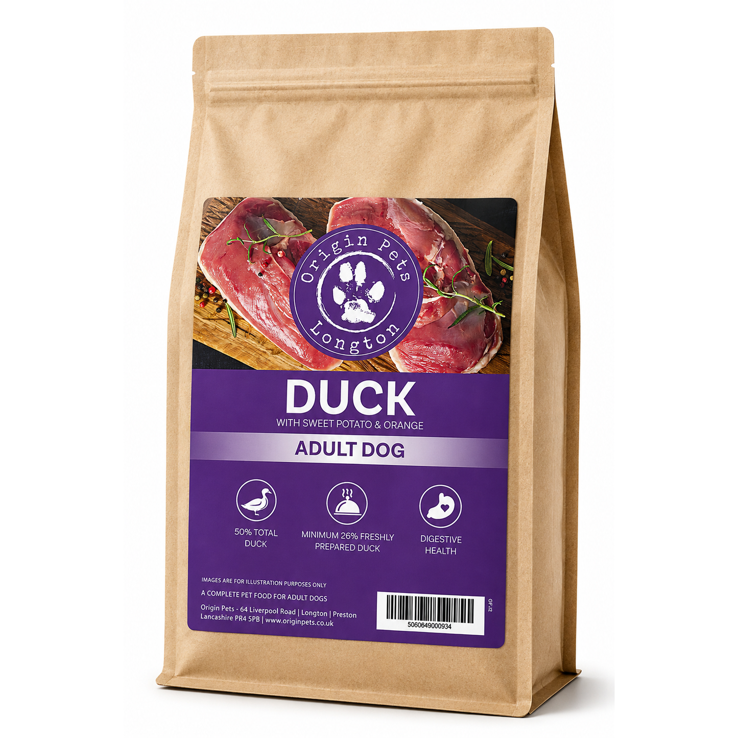 Origin Pets Grain Free Duck with Sweet Potato & Orange dog food pack