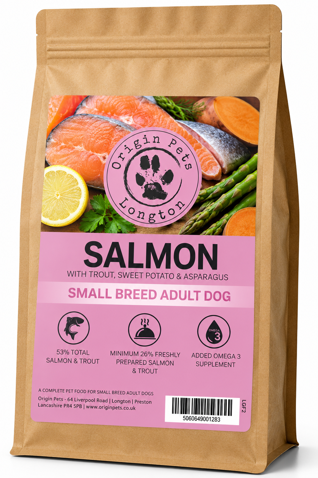 Origin Pets Grain Free Salmon with Trout, Sweet Potato & Asparagus Small Breed Adult dog food pack