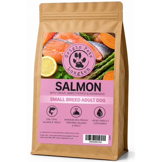 Origin Pets Grain Free Salmon with Trout, Sweet Potato & Asparagus Small Breed Adult dog food pack