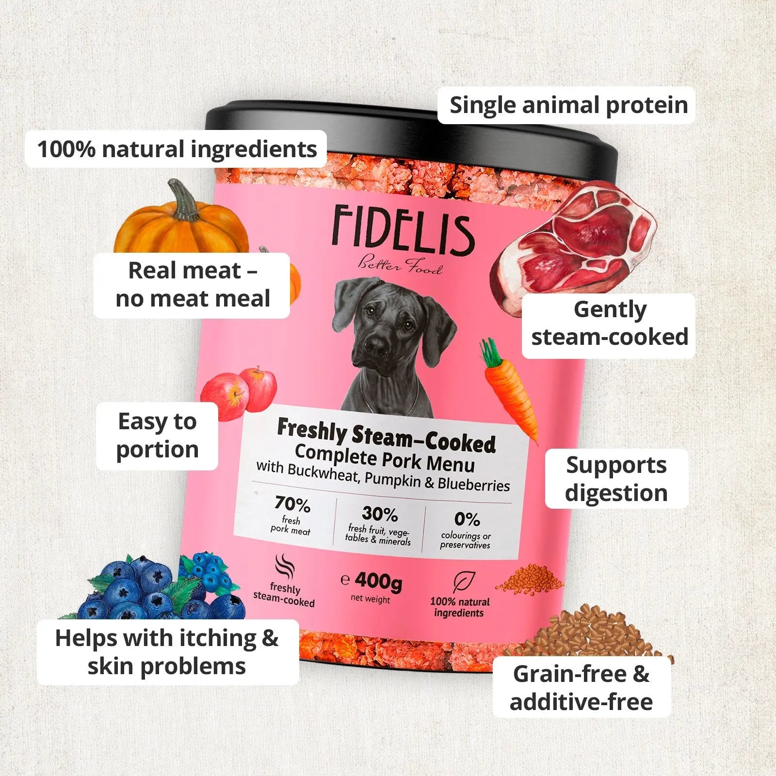 Fidelis Fresh Pork With Sweet Potato, Buckwheat, Pumpkin & Blueberries Dog Food - 400g Sanadog