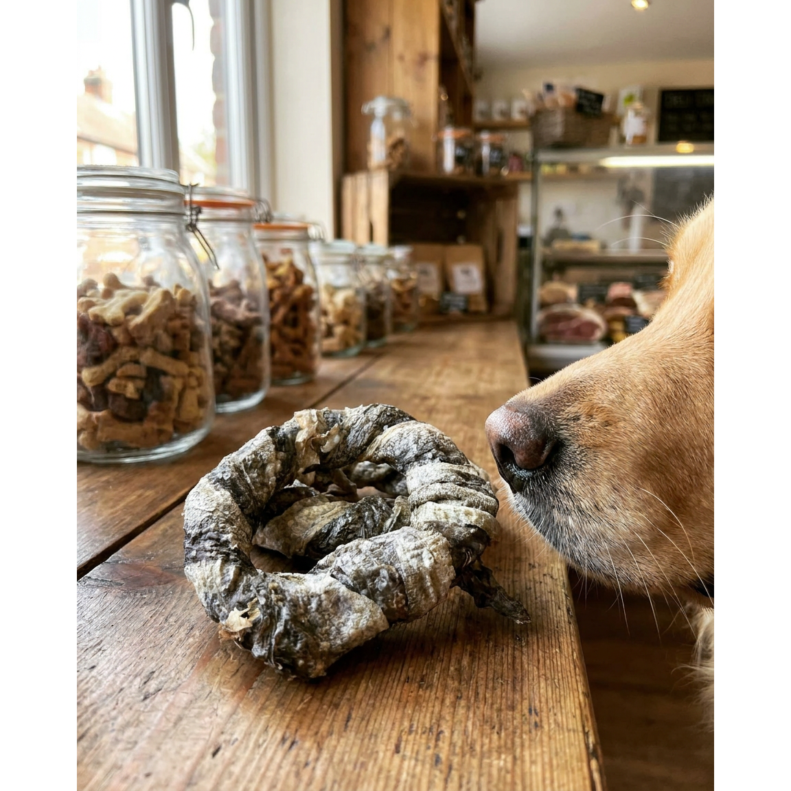Fish Skin Donut natural dog treat, lifestyle shot in Origin Pets deli, Longton