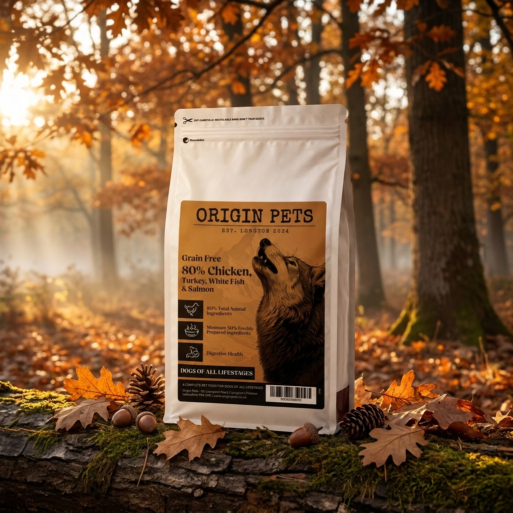 Origin Pets Wilderness 80 dog food pack in an autumn woodland setting