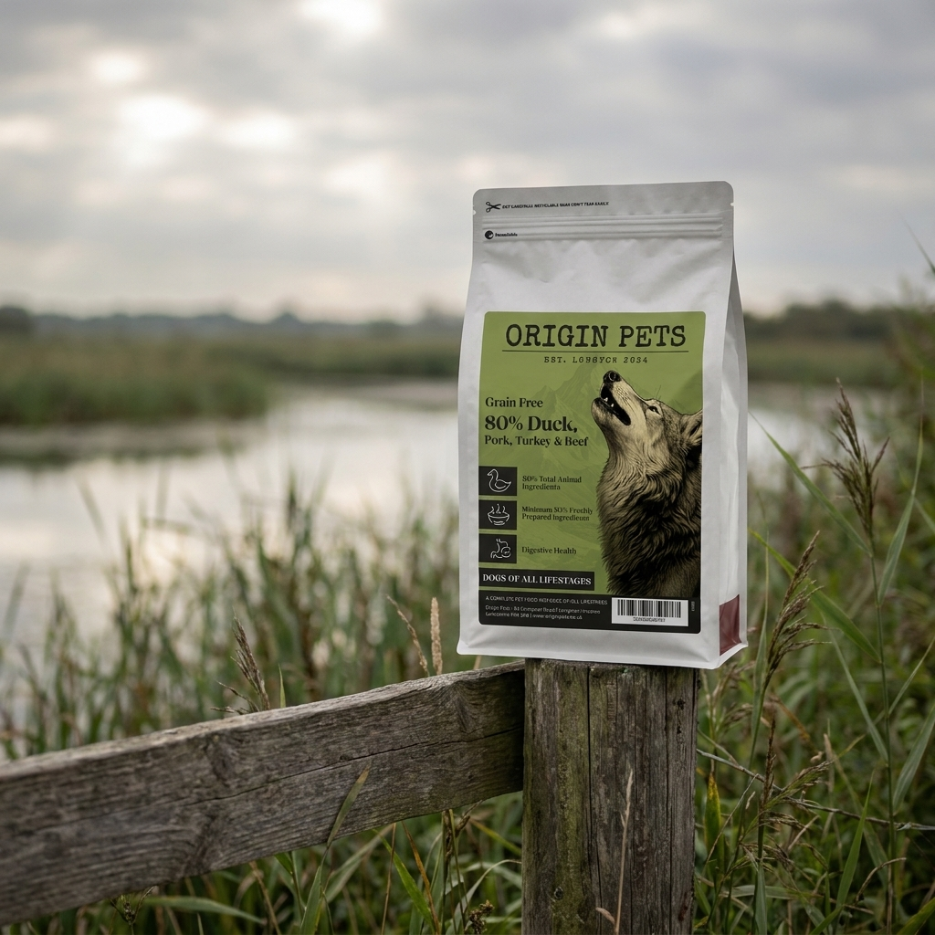 Origin Pets Wilderness 80 dog food pack in a wetland marsh setting