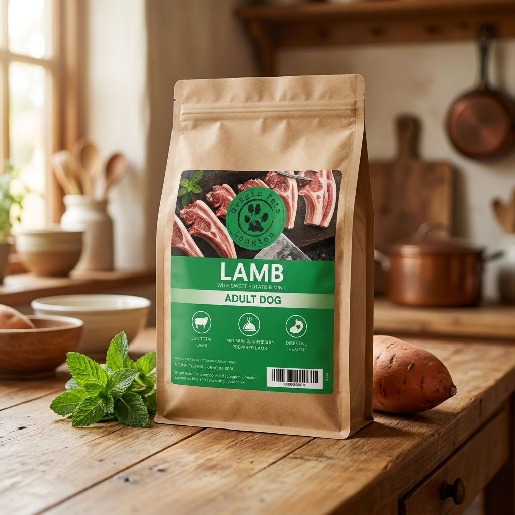 Origin Pets Grain Free Lamb dog food pack in a farmhouse kitchen setting