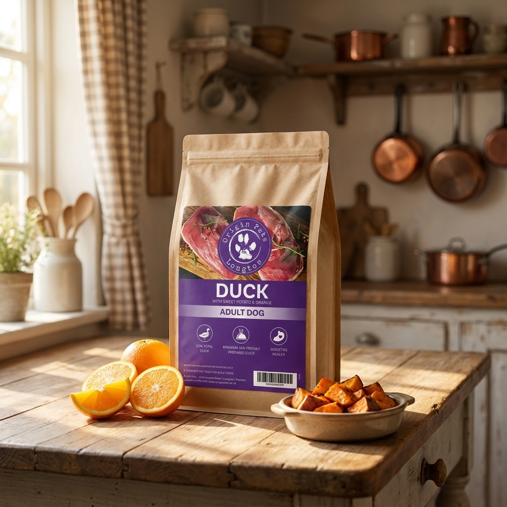Origin Pets Grain Free Duck dog food pack in a farmhouse kitchen setting