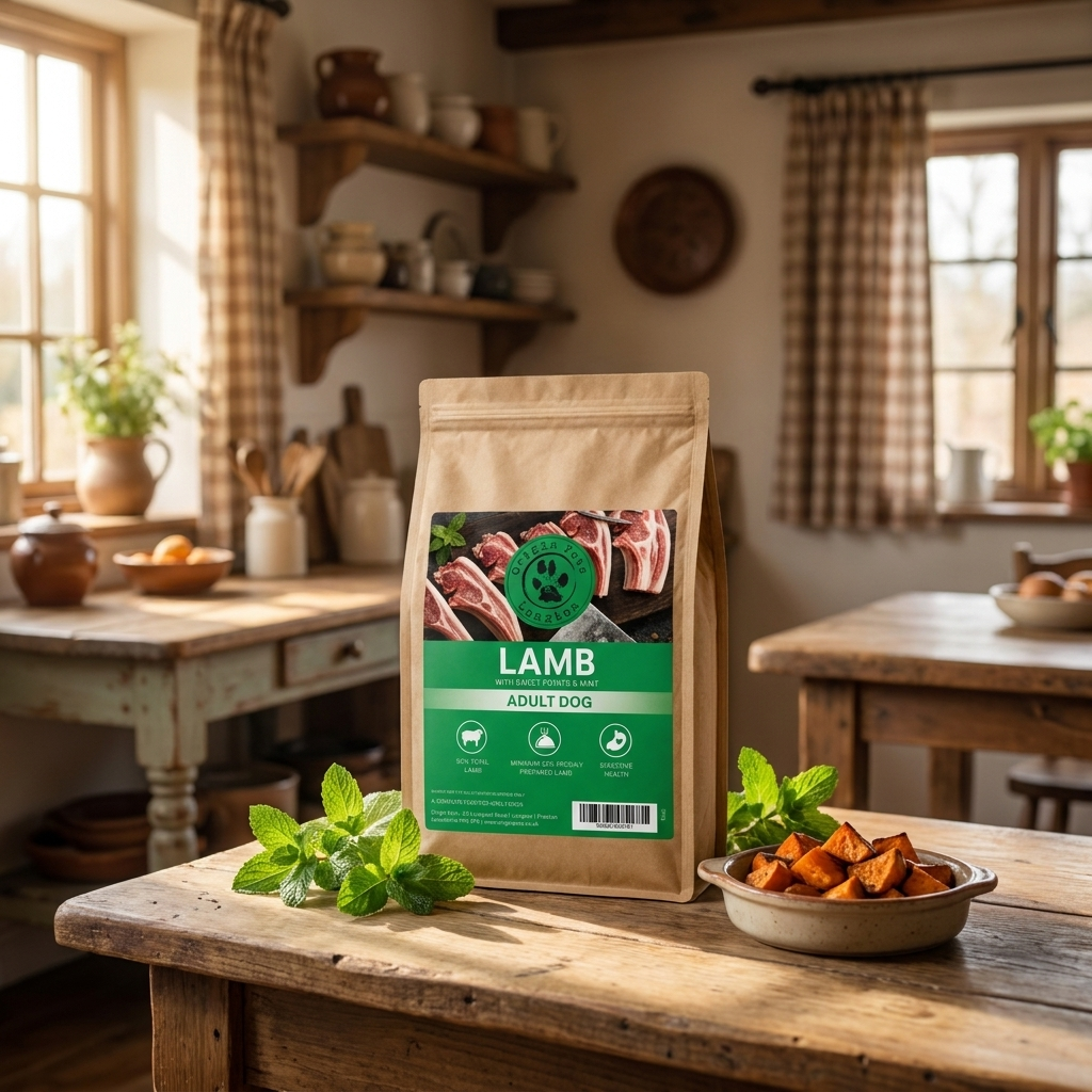 Origin Pets Grain Free Lamb dog food pack in a farmhouse kitchen setting