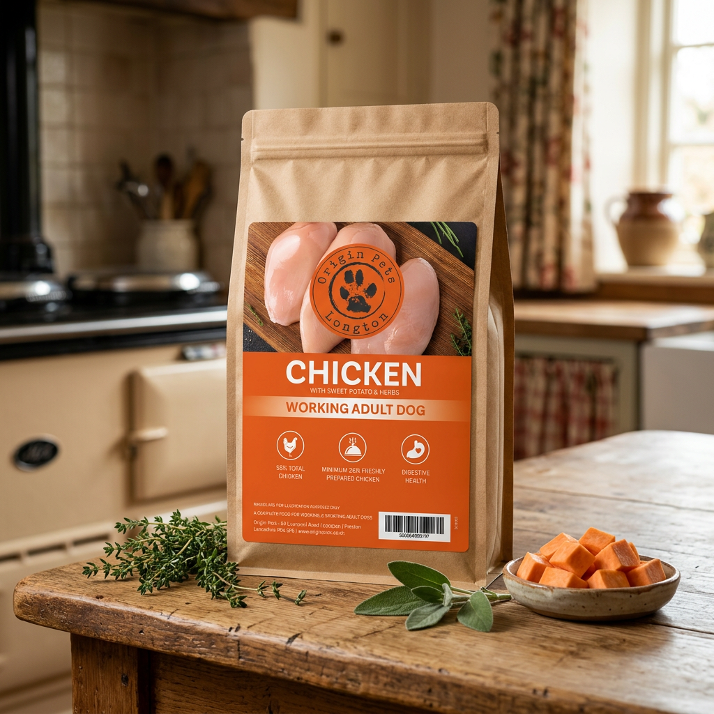 Origin Pets Grain Free Chicken dog food pack in a farmhouse kitchen setting