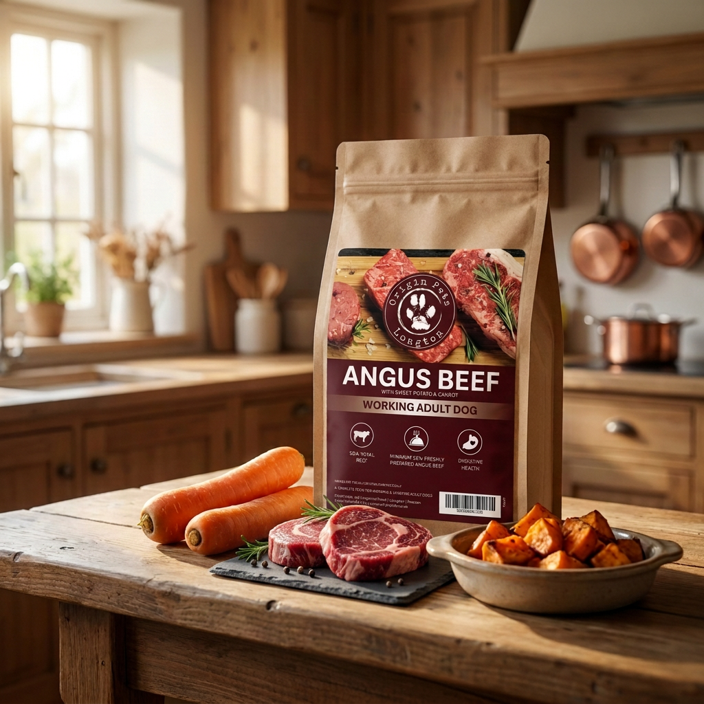 Origin Pets Grain Free Angus Beef dog food pack in a farmhouse kitchen setting with fresh beef